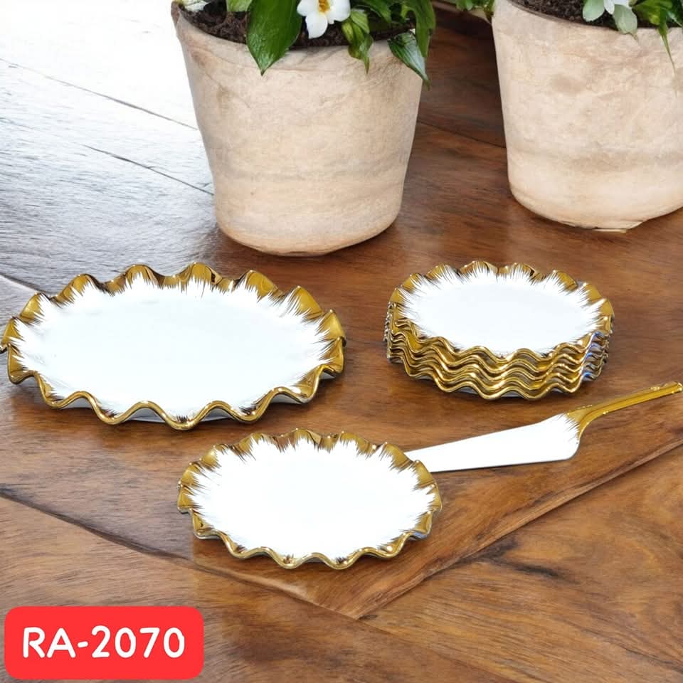 8 Pcs White & Gold Porcelain Cake Plate set