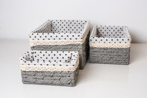 3 Pcs Rectangular Woven Basket With Printed Fabric Set