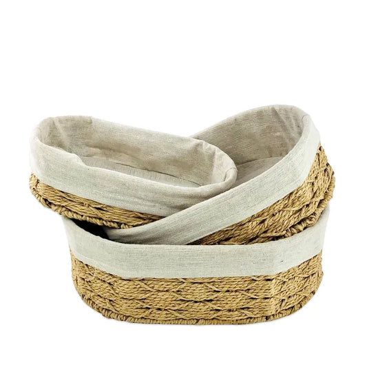 3 Pcs Oval Woven Basket With Linen Fabric Set