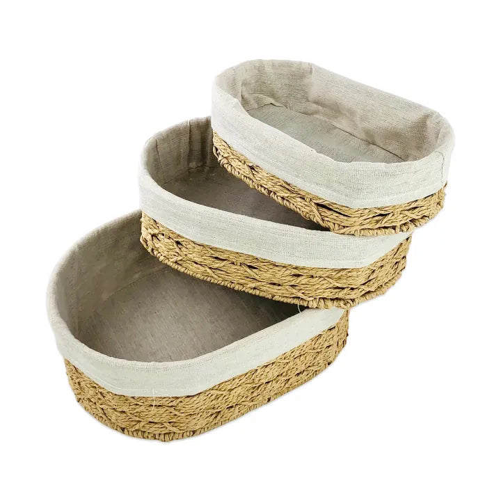 3 Pcs Oval Woven Basket With Linen Fabric Set
