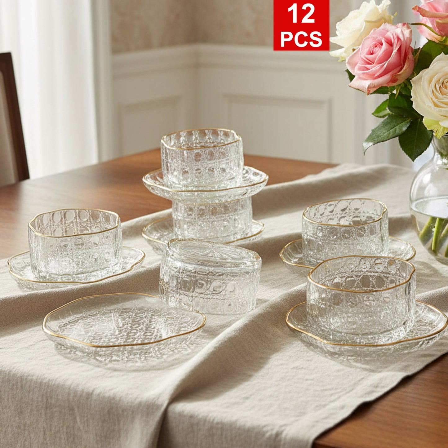 12 Pcs Glass  Serving Bowls  With Plates Set