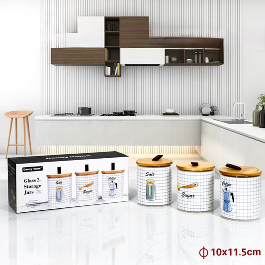 Danny Home, 3 Pcs Glass Storage Jars With Bamboo Lid  Set