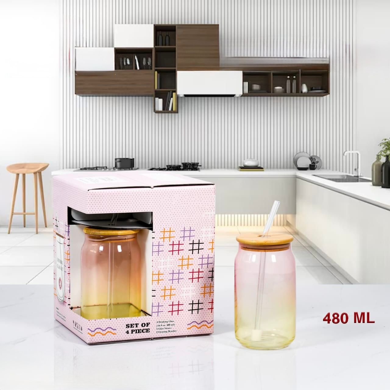 Colored Transparent Glass Cup W/ Glass Straw With Bamboo Lid